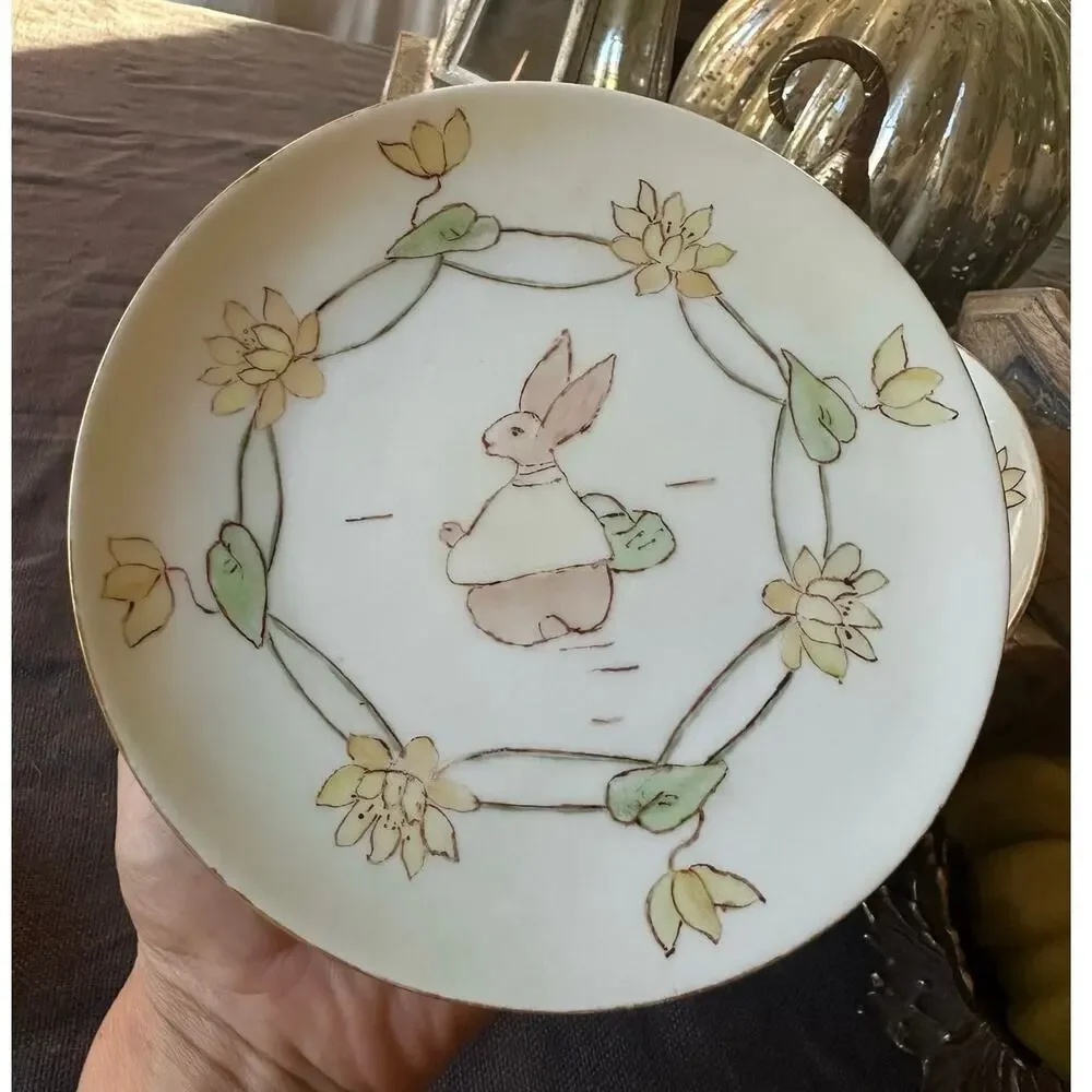 Antique MZ Austria bunny dessert Plates Set of 2 White Gold Gilt children 7”